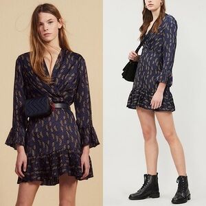 SANDRO Silk Satin Chain Print Draped V-Neck Long Bell Sleeve Ruffle Hem Dress XS